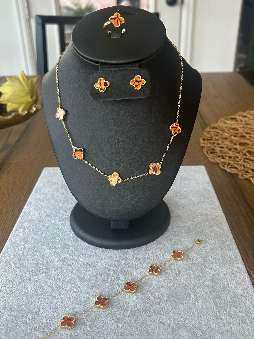 14KT Gold Plated 4 Piece Clover Jewelry Set with Orange Enamel
